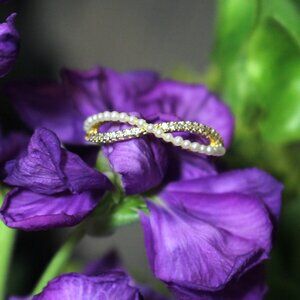 🕊️💍🤍14k Yellow Gold Pearl & Cubic Zircon Infinity Cross Over Open Ring